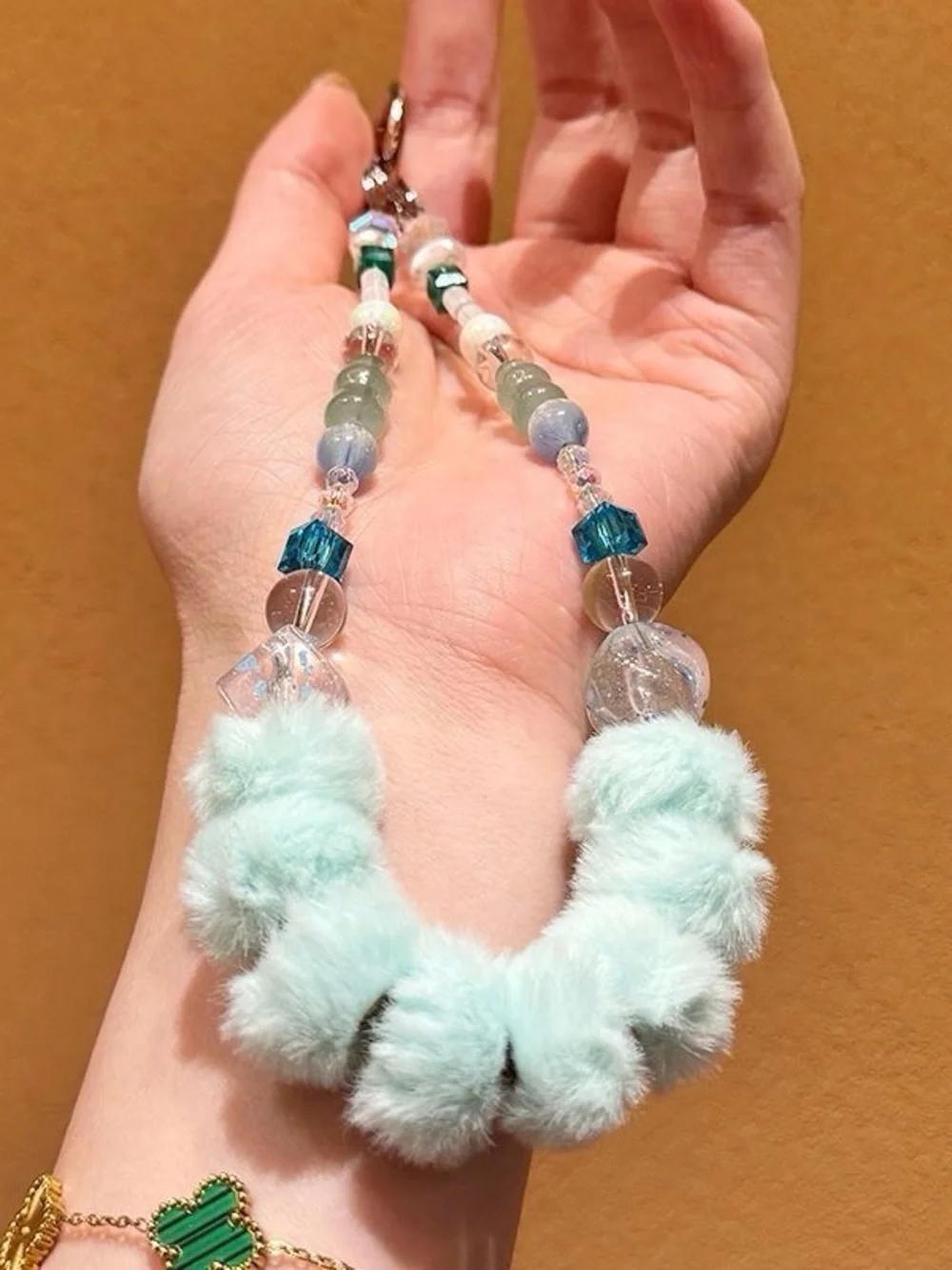 Mint Fluffy Loop Phone Wrist Strap | Crystal Beads | Y2K Coquette Aesthetic